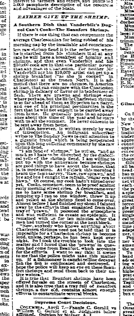 A narrow newspaper column headed Rather Give Up the Shrimp. The opening names a breakfast of hominy and shrimps; the remainder complains about spoiled shrimp sold in Charleston.
