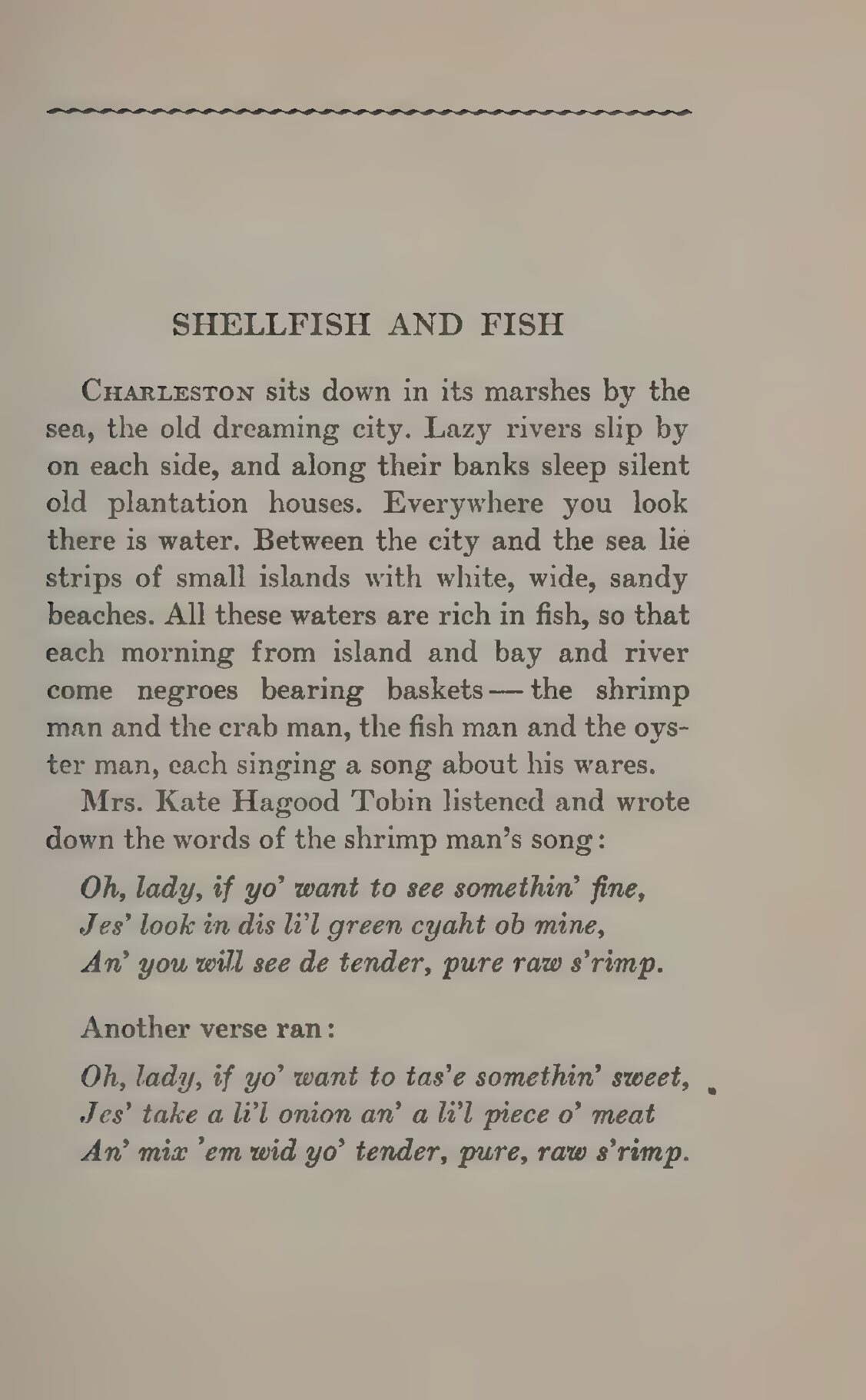 A 1930 book page headed Shellfish and Fish, describing Charleston’s marshes and the shrimp man, crab man, fish man, and oyster man, with two verses of the shrimp man’s song.