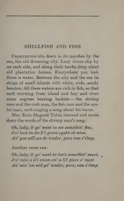 A 1930 book page headed Shellfish and Fish, describing Charleston’s marshes and the shrimp man, crab man, fish man, and oyster man, with two verses of the shrimp man’s song.