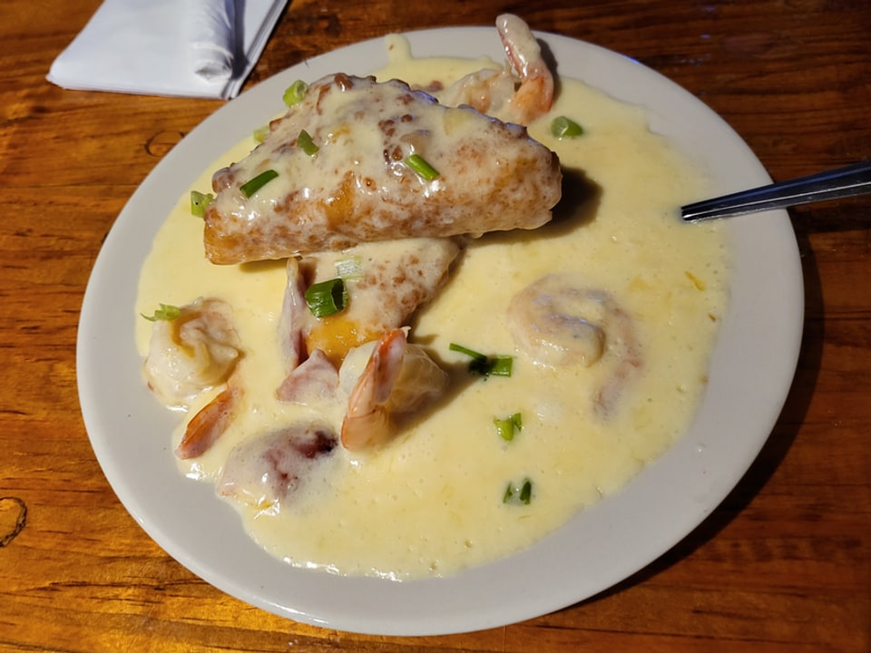 Shrimp and grit cakes in cream sauce at Dockside Seafood.