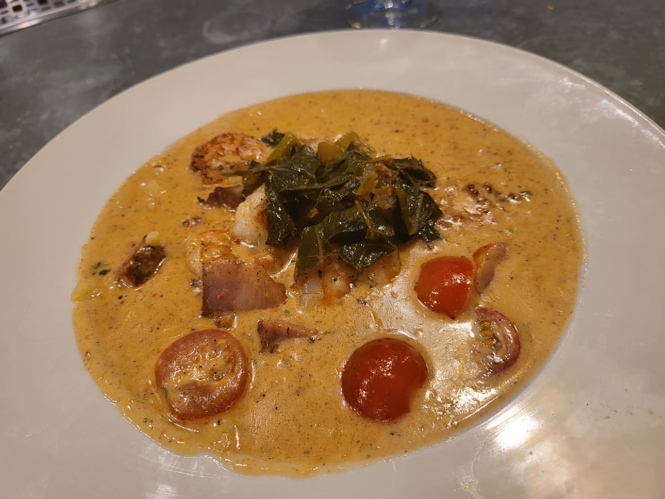 Shrimp and grits with collard greens and tomatoes at The 5 Spot Sandfly.